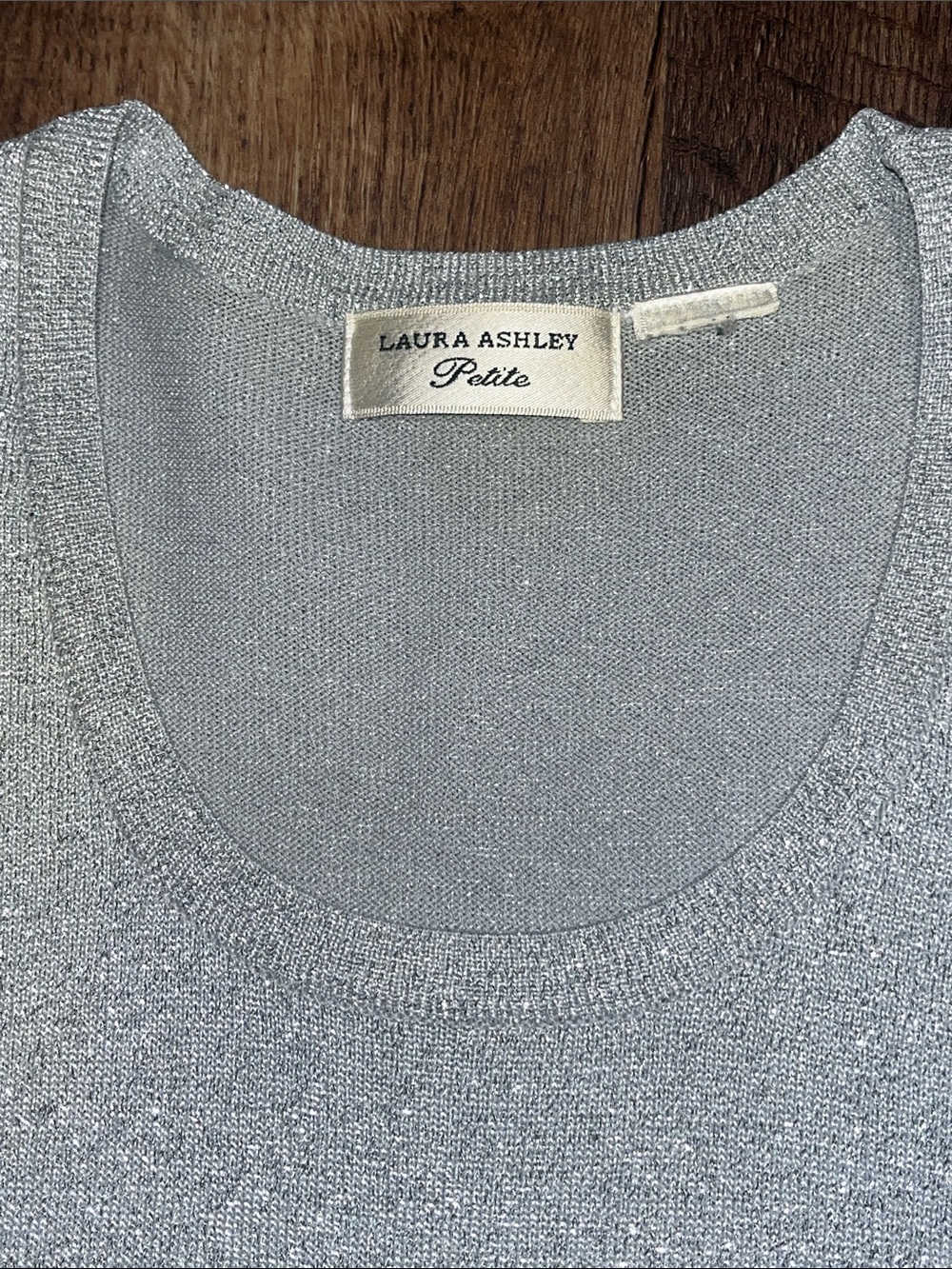 Laura Ashley, vtg 80’s Petite silver metallic, gray sweater, single stitch